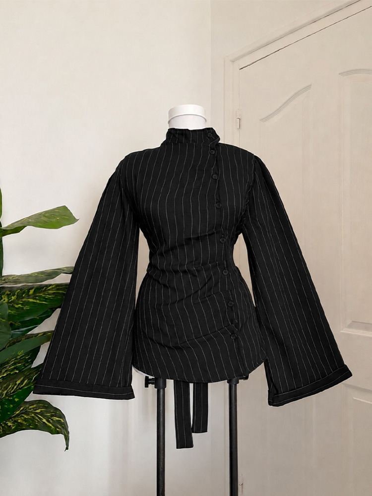Women Fashion Necktie - Atasan Lengan Panjang Wanita, Motif Garis