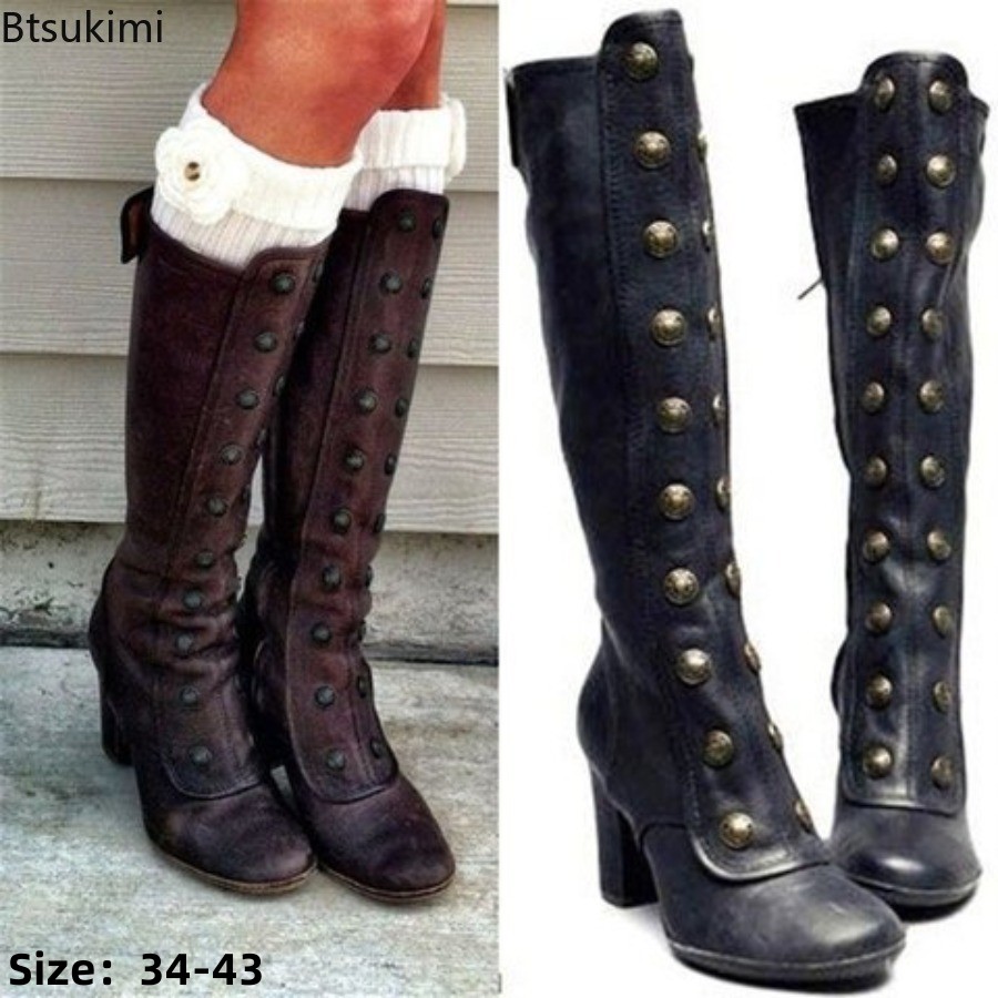 Women'S Fashion Knee High Boots - Sepatu Boots Wanita Model Retro Hitam